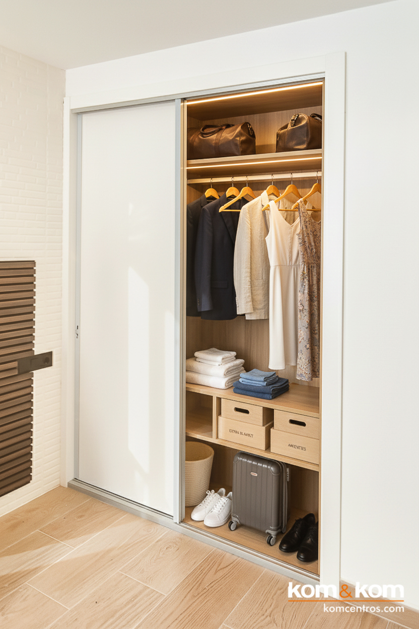 Interior de armario de dormitorio con puertas correderas y tiras de iluminaci&oacute;n LED integradas. Soluci&oacute;n de almacenaje elegante y funcional de Kom&Kom en Benidorm.